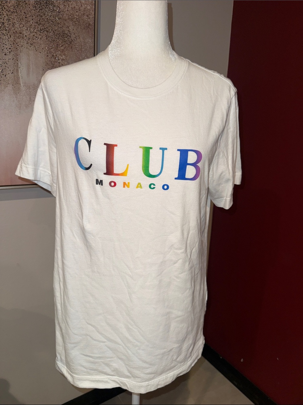 Club Monaco White Tee with Rainbow CLUB Logo